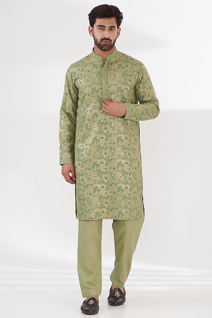 Green Ruby Silk Floral Printed Kurta Set by Manish Nagdeo Men