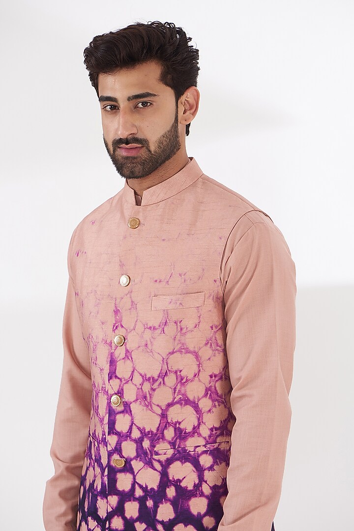 Peach Art Silk Printed Bundi Jacket Set by Manish Nagdeo Men at Pernia's Pop Up Shop