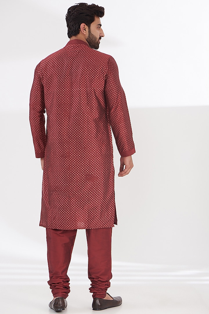 Maroon Cotton Silk Hand Block Printed Kurta Set by Manish Nagdeo Men at Pernia's Pop Up Shop