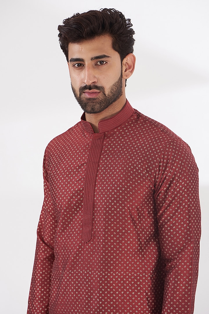 Maroon Cotton Silk Hand Block Printed Kurta Set by Manish Nagdeo Men at Pernia's Pop Up Shop