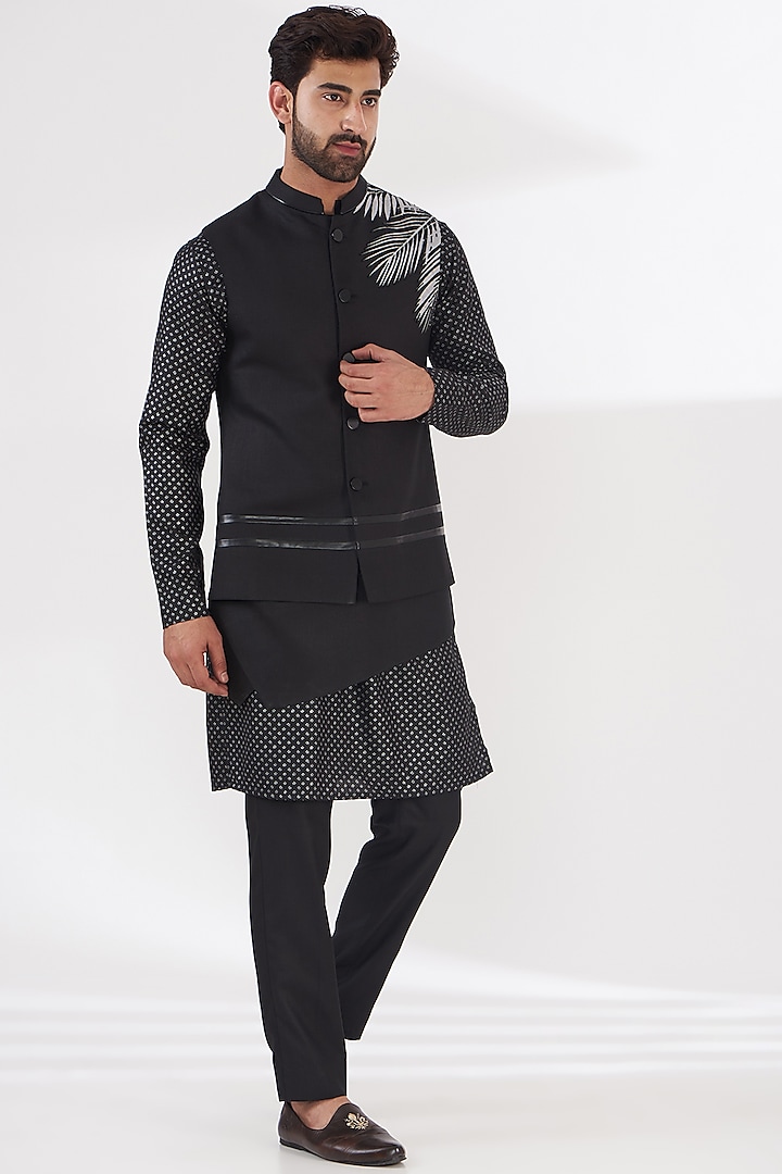 Black Ruby Silk Printed Asymmetric Bundi Jacket Set by Manish Nagdeo Men