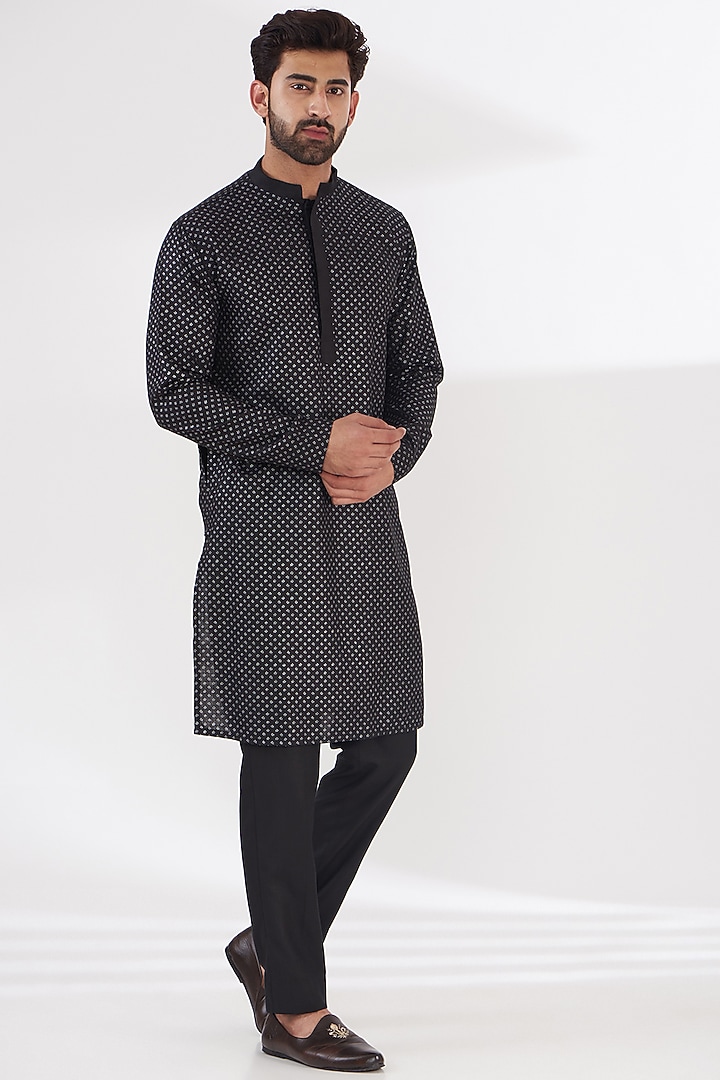 Black Ruby Silk Printed Asymmetric Bundi Jacket Set by Manish Nagdeo Men at Pernia's Pop Up Shop