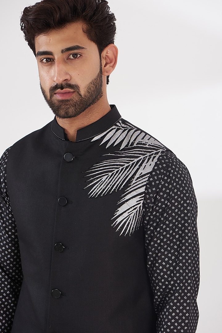 Black Ruby Silk Printed Asymmetric Bundi Jacket Set by Manish Nagdeo Men at Pernia's Pop Up Shop