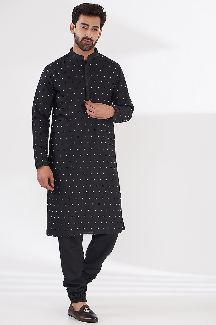 Black Ruby Silk Hand Block Printed Kurta Set by Manish Nagdeo