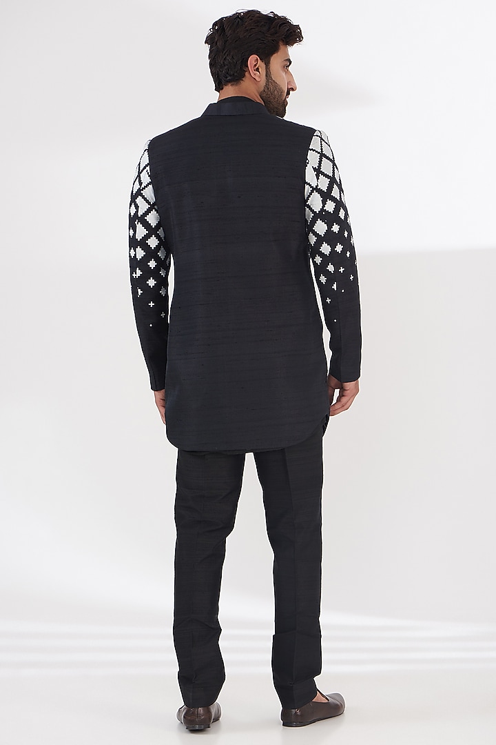 Black Art Silk Printed Wedding Indowestern Set by Manish Nagdeo Men at Pernia's Pop Up Shop