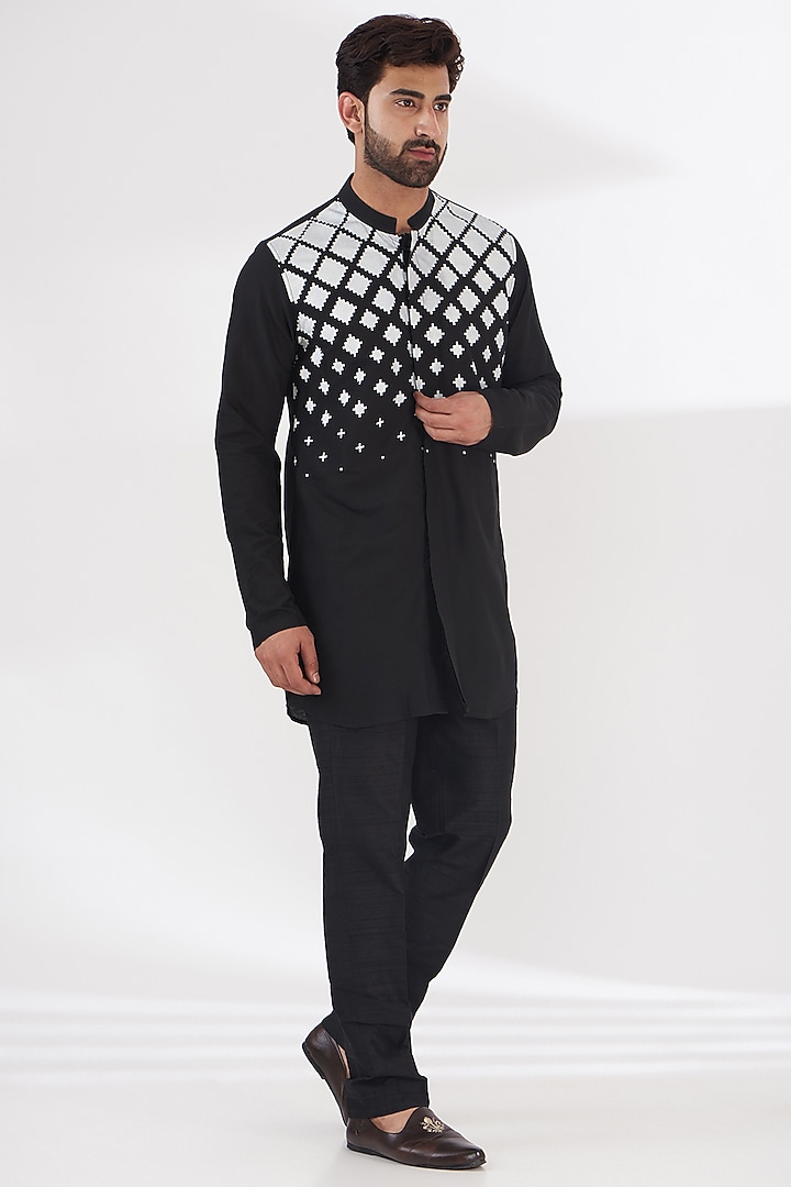 Black Art Silk Printed Wedding Indowestern Set by Manish Nagdeo Men at Pernia's Pop Up Shop
