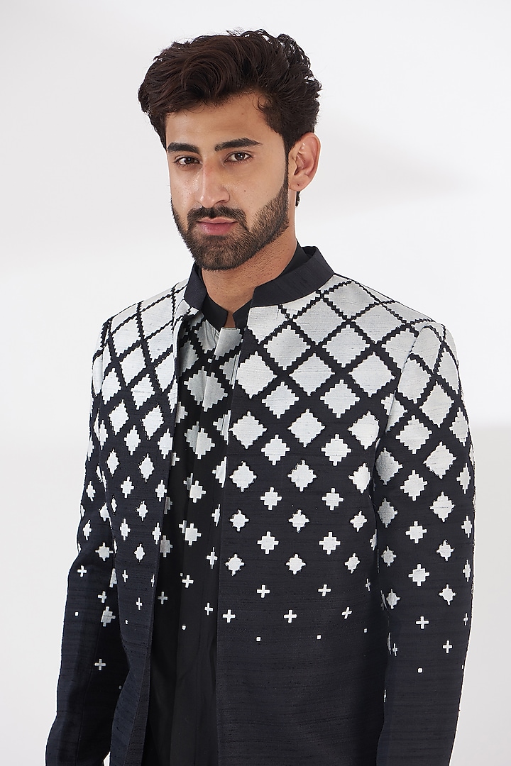 Black Art Silk Printed Wedding Indowestern Set by Manish Nagdeo Men at Pernia's Pop Up Shop