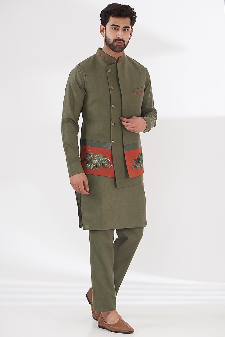 Green Ruby Silk Sequins Embroidered Indowestern Set by Manish Nagdeo Men