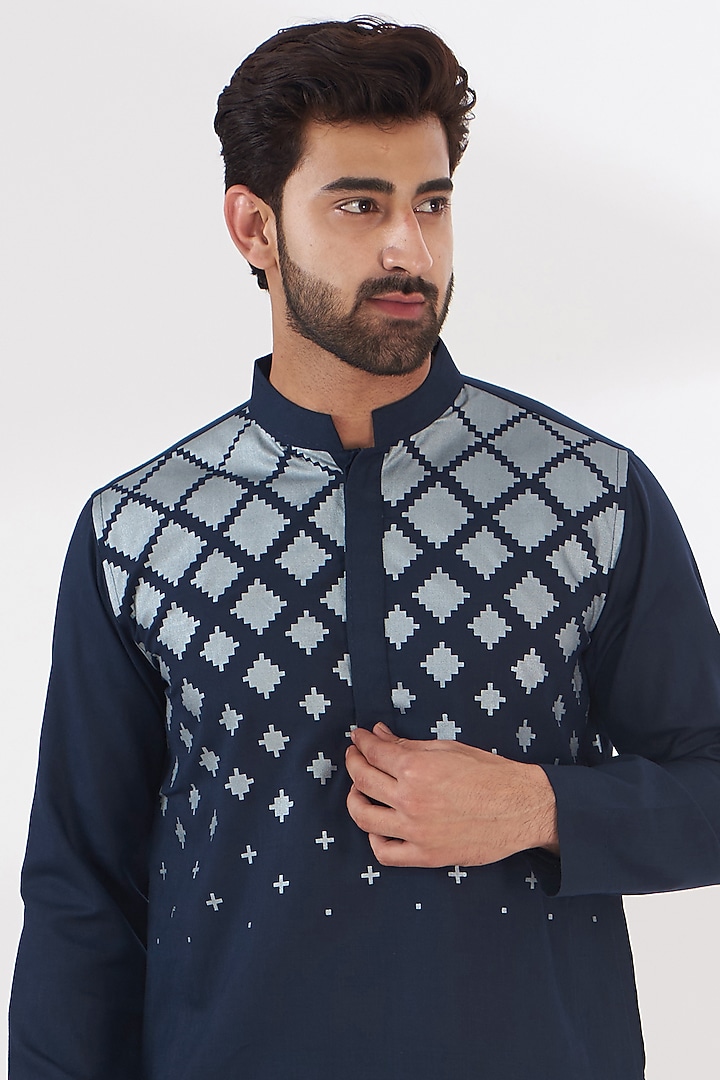 Blue Ruby Silk Abstract Printed Kurta Set by Manish Nagdeo Men at Pernia's Pop Up Shop