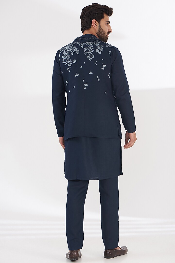 Blue Ruby Silk Floral Printed & Embroidered Indowestern Set by Manish Nagdeo Men at Pernia's Pop Up Shop