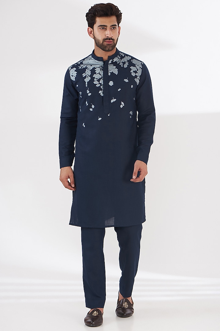 Blue Ruby Silk Floral Printed & Embroidered Indowestern Set by Manish Nagdeo Men at Pernia's Pop Up Shop