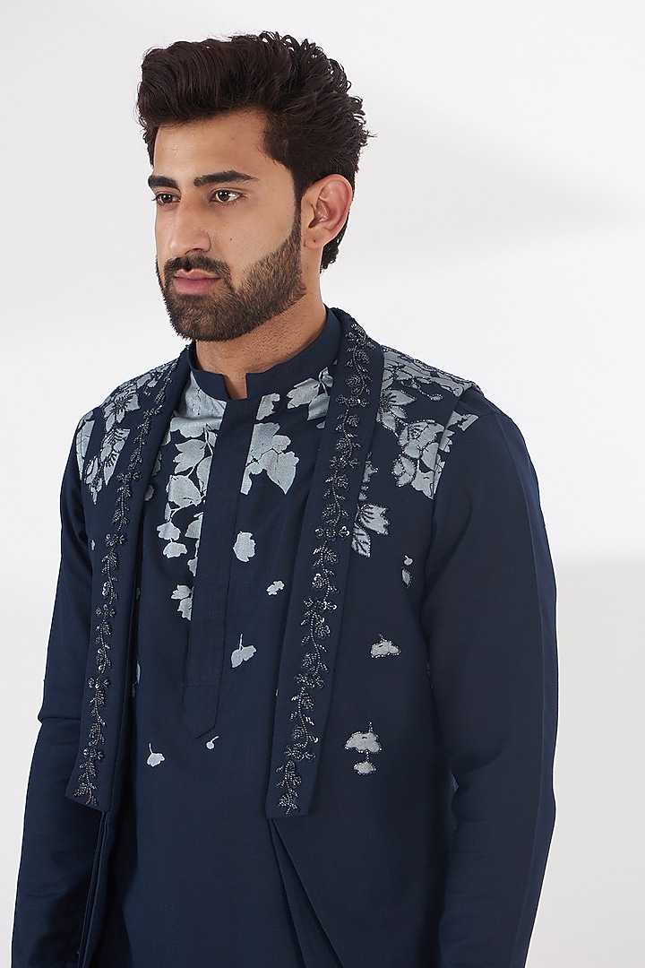 Blue Ruby Silk Floral Printed & Embroidered Indowestern Set by Manish Nagdeo Men at Pernia's Pop Up Shop