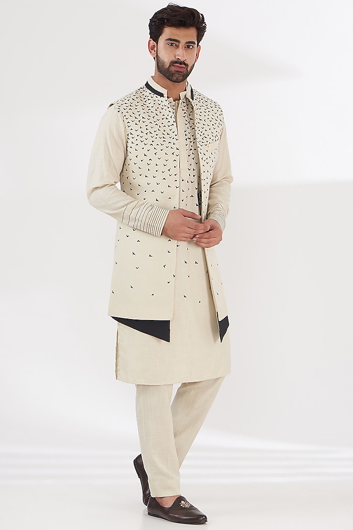 Ivory Ruby Silk Placement Printed Indowestern Set by Manish Nagdeo Men