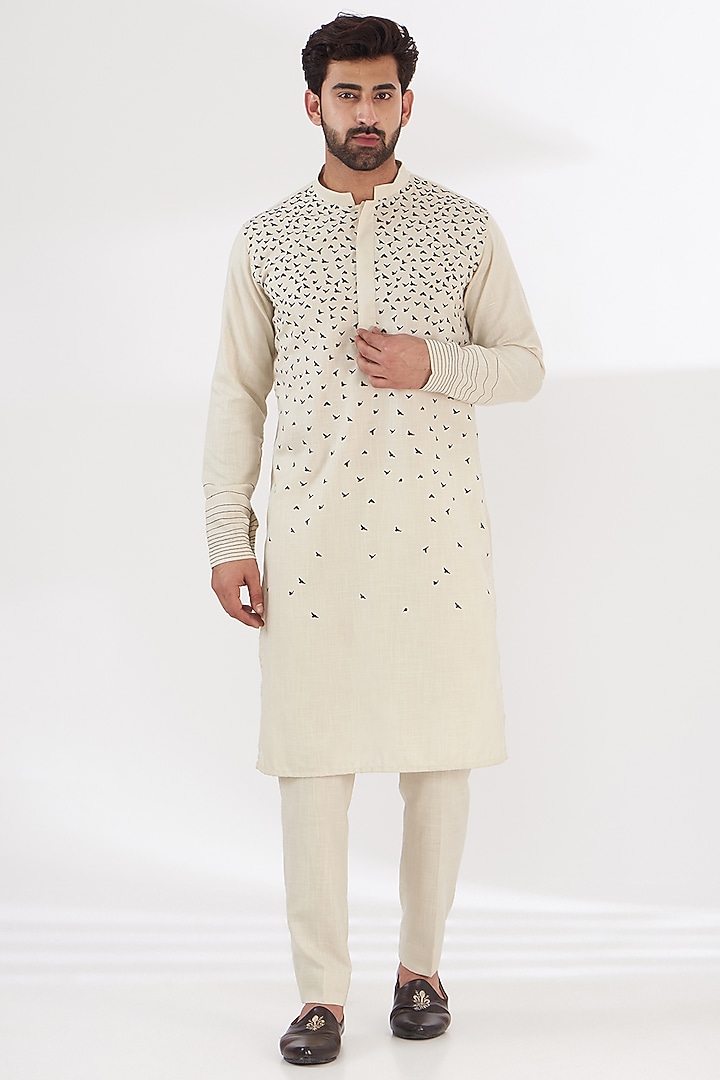 Ivory Ruby Silk Placement Printed Indowestern Set by Manish Nagdeo Men at Pernia's Pop Up Shop