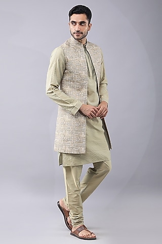 Green Art Silk Printed & Embroidered Bundi Jacket Set by Manish Nagdeo Men