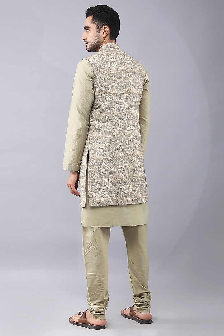Green Art Silk Printed & Embroidered Bundi Jacket Set by Manish Nagdeo Men at Pernia's Pop Up Shop