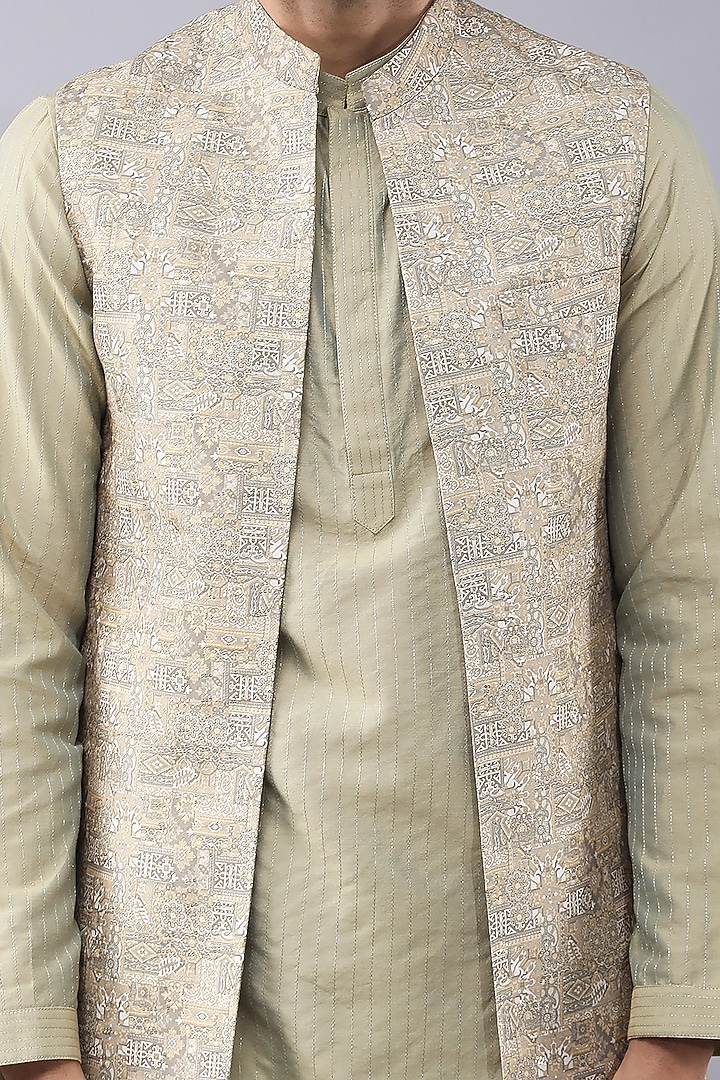 Green Art Silk Printed & Embroidered Bundi Jacket Set by Manish Nagdeo Men at Pernia's Pop Up Shop