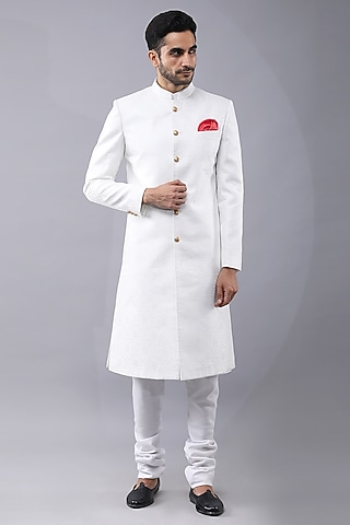 White Banarasi Brocade Sherwani Set by Manish Nagdeo Men