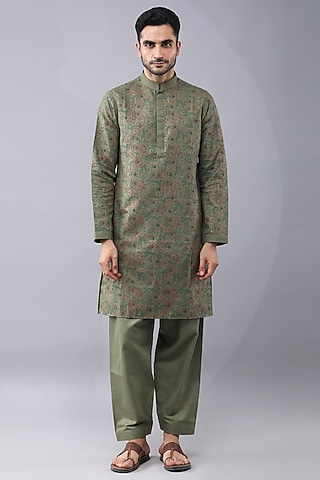 Green Ruby Silk Printed & Thread Work Kurta Set by Manish Nagdeo Men