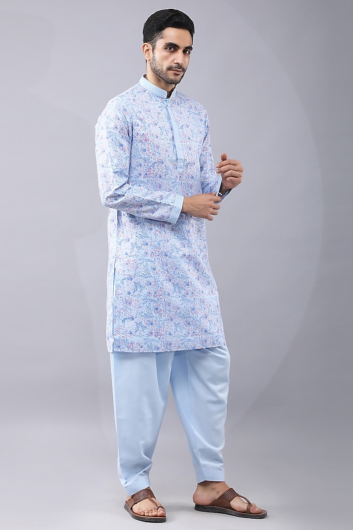 Blue Ruby Silk Printed & Thread Work Kurta Set by Manish Nagdeo Men at Pernia's Pop Up Shop