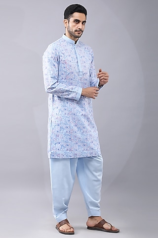 Blue Ruby Silk Printed & Thread Work Kurta Set by Manish Nagdeo Men