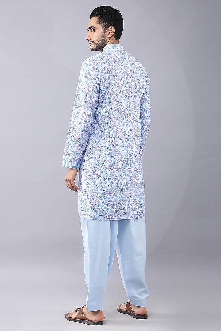 Blue Ruby Silk Printed & Thread Work Kurta Set by Manish Nagdeo Men at Pernia's Pop Up Shop