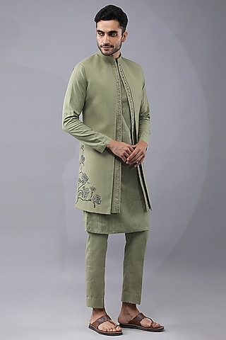 Green Ruby Silk Printed & Embroidered Bundi Jacket Set by Manish Nagdeo Men