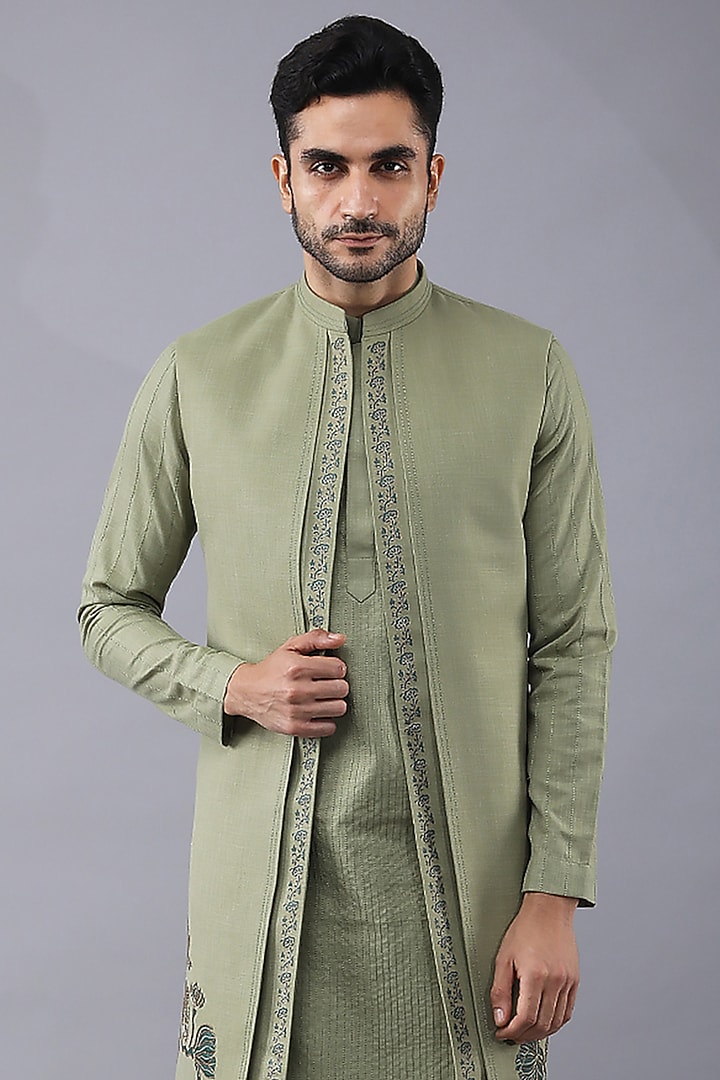 Green Ruby Silk Printed & Embroidered Bundi Jacket Set by Manish Nagdeo Men at Pernia's Pop Up Shop