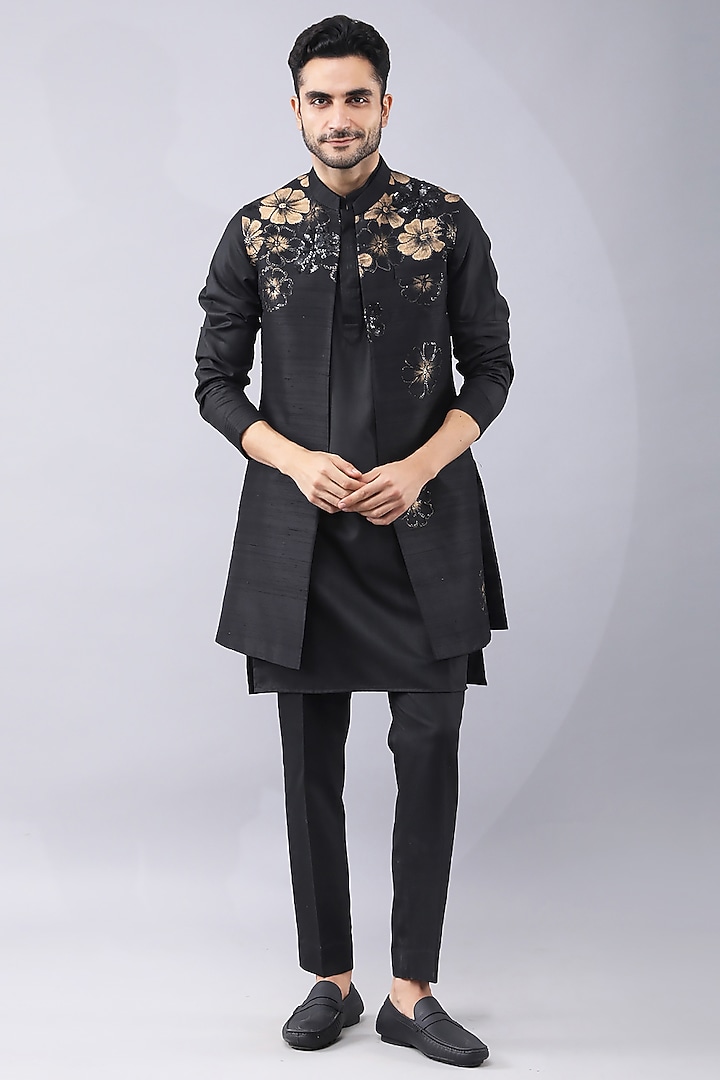 Black Art Silk Printed & Embroidered Bundi Jacket Set by Manish Nagdeo Men at Pernia's Pop Up Shop