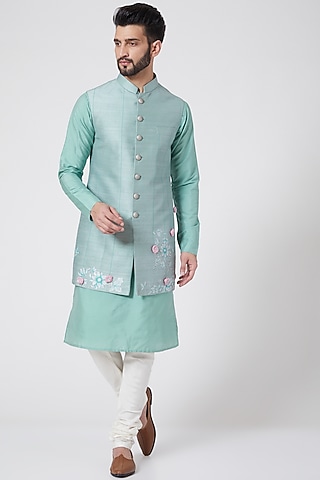 Mint Green Printed Sherwani Set For Boys by Manish Nagdeo - Kids