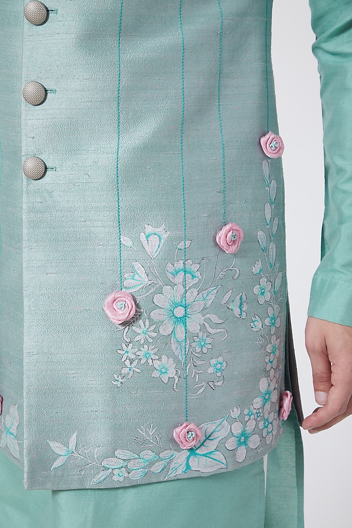Mint Green Printed Sherwani Set For Boys by Manish Nagdeo - Kids at Pernia's Pop Up Shop