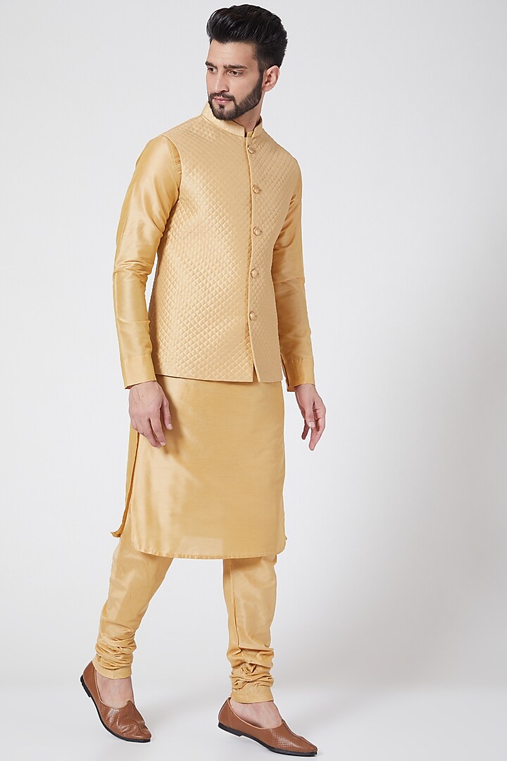 Gold kurta Set With Jacket For Boys by Manish Nagdeo - Kids