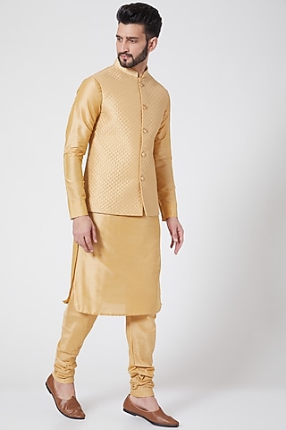 Gold kurta Set With Jacket For Boys by Manish Nagdeo - Kids