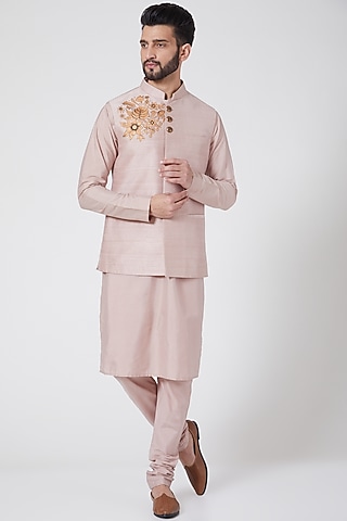 Light Pink Embroidered Kurta Set For Boys by Manish Nagdeo - Kids