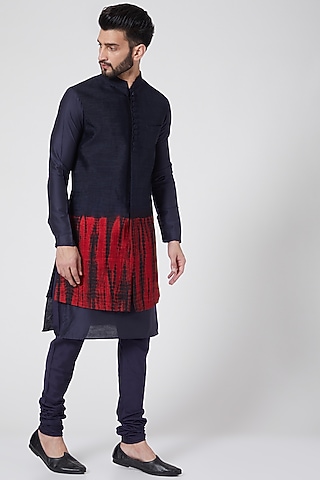 Navy Blue Sleeveless Sherwani Set For Boys by Manish Nagdeo - Kids