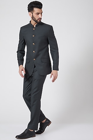 Basil Green Bandhgala Jacket Set For Boys by Manish Nagdeo - Kids