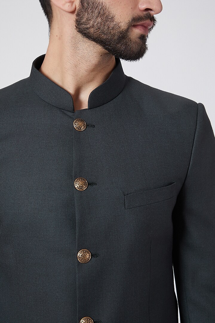 Basil Green Bandhgala Jacket Set For Boys by Manish Nagdeo - Kids at Pernia's Pop Up Shop