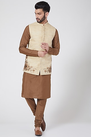 Beige  Embroidered Kurta Set With Nehru Jacket For Boys by Manish Nagdeo - Kids