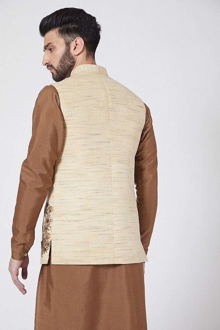 Beige Embroidered Kurta Set With Nehru Jacket For Boys by Manish Nagdeo - Kids at Pernia's Pop Up Shop