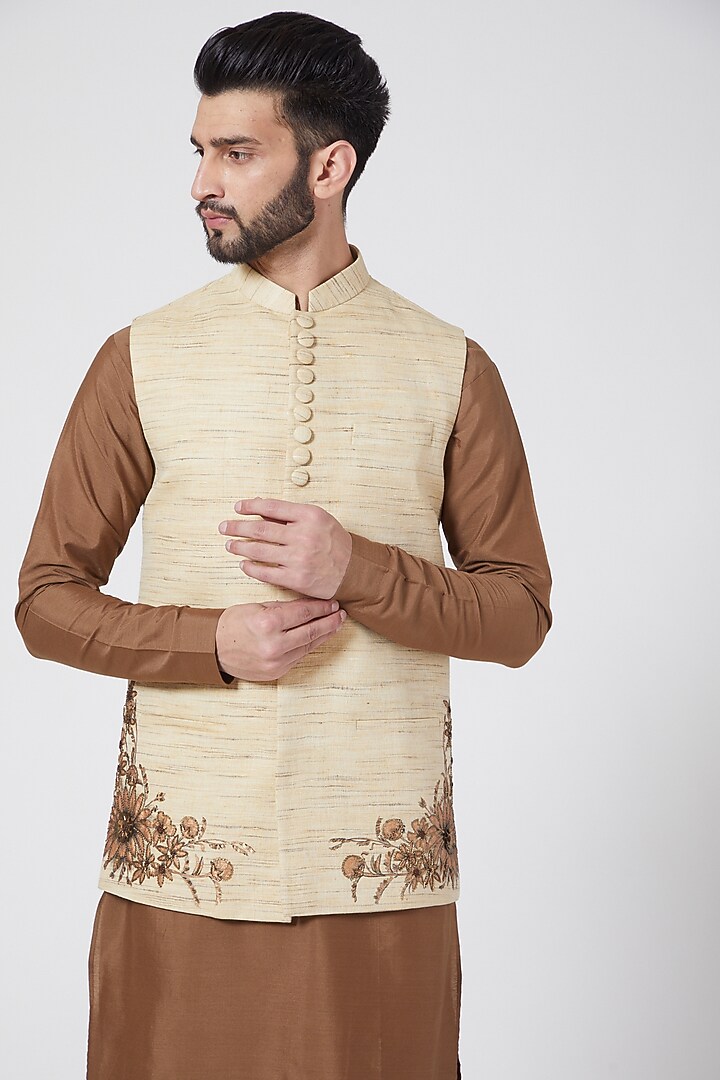Beige Embroidered Kurta Set With Nehru Jacket For Boys by Manish Nagdeo - Kids at Pernia's Pop Up Shop