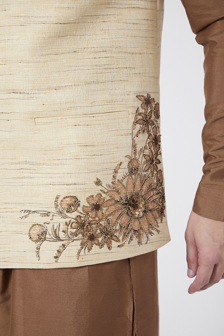 Beige Embroidered Kurta Set With Nehru Jacket For Boys by Manish Nagdeo - Kids at Pernia's Pop Up Shop