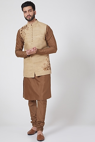 Beige Embroidered Jacket Set For Boys by Manish Nagdeo - Kids