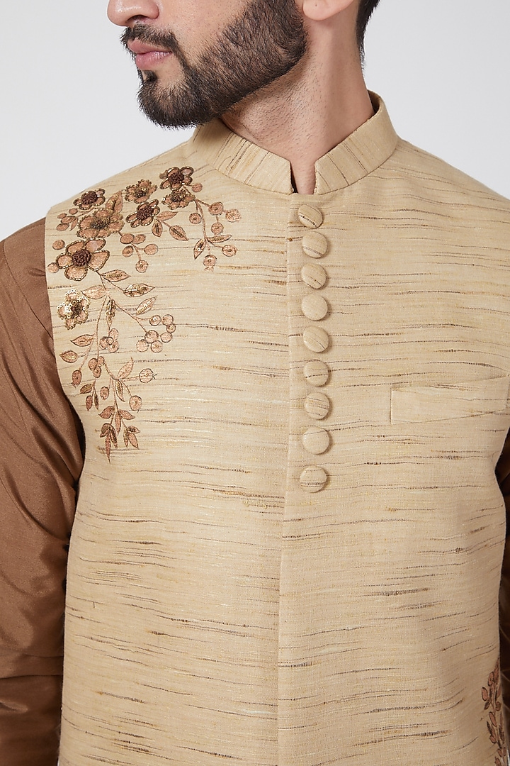 Beige Embroidered Jacket Set For Boys by Manish Nagdeo - Kids at Pernia's Pop Up Shop