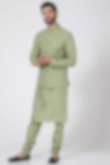 Olive Green Nehru Jacket Set For Boys by Manish Nagdeo - Kids