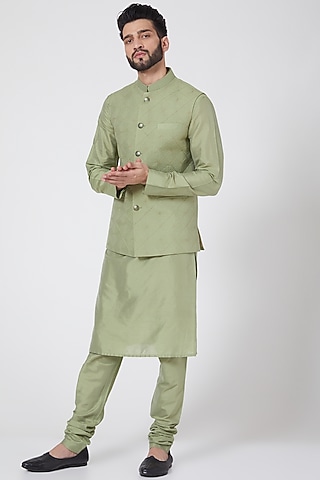 Olive Green Nehru Jacket Set For Boys by Manish Nagdeo - Kids