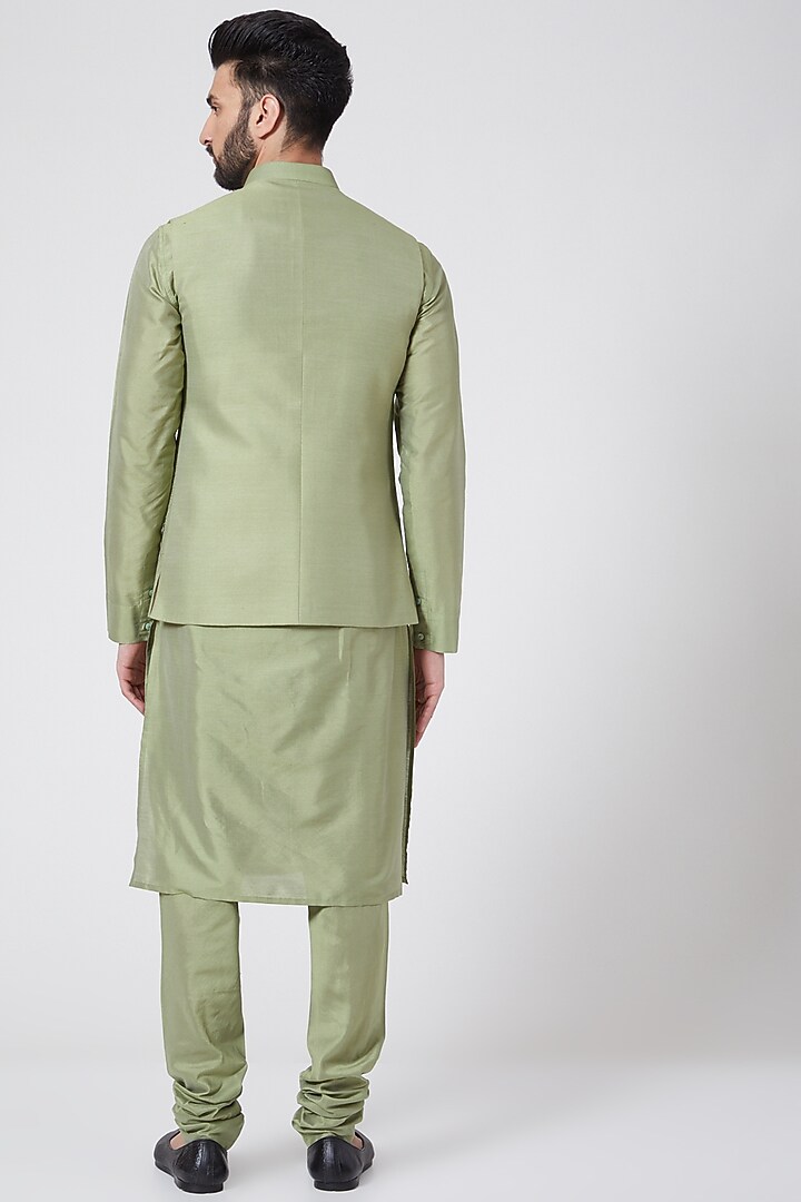 Olive Green Nehru Jacket Set For Boys by Manish Nagdeo - Kids at Pernia's Pop Up Shop