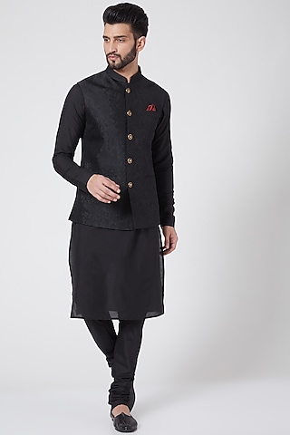 Black Kurta Set With Jacket For Boys by Manish Nagdeo - Kids