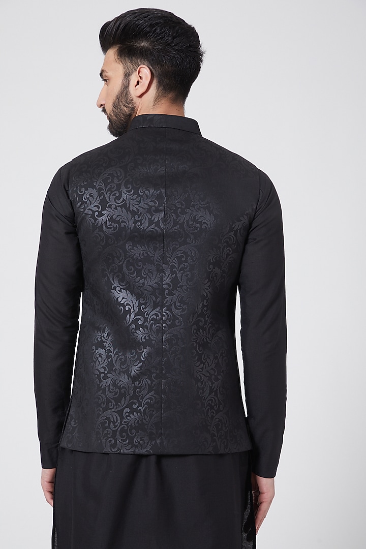 Black Kurta Set With Printed Jacket For Boys by Manish Nagdeo - Kids at Pernia's Pop Up Shop