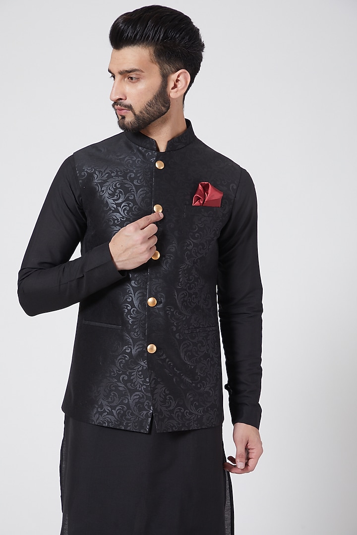 Black Kurta Set With Printed Jacket For Boys by Manish Nagdeo - Kids at Pernia's Pop Up Shop