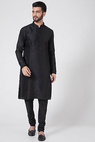 Black Brocade Kurta Set For Boys by Manish Nagdeo - Kids